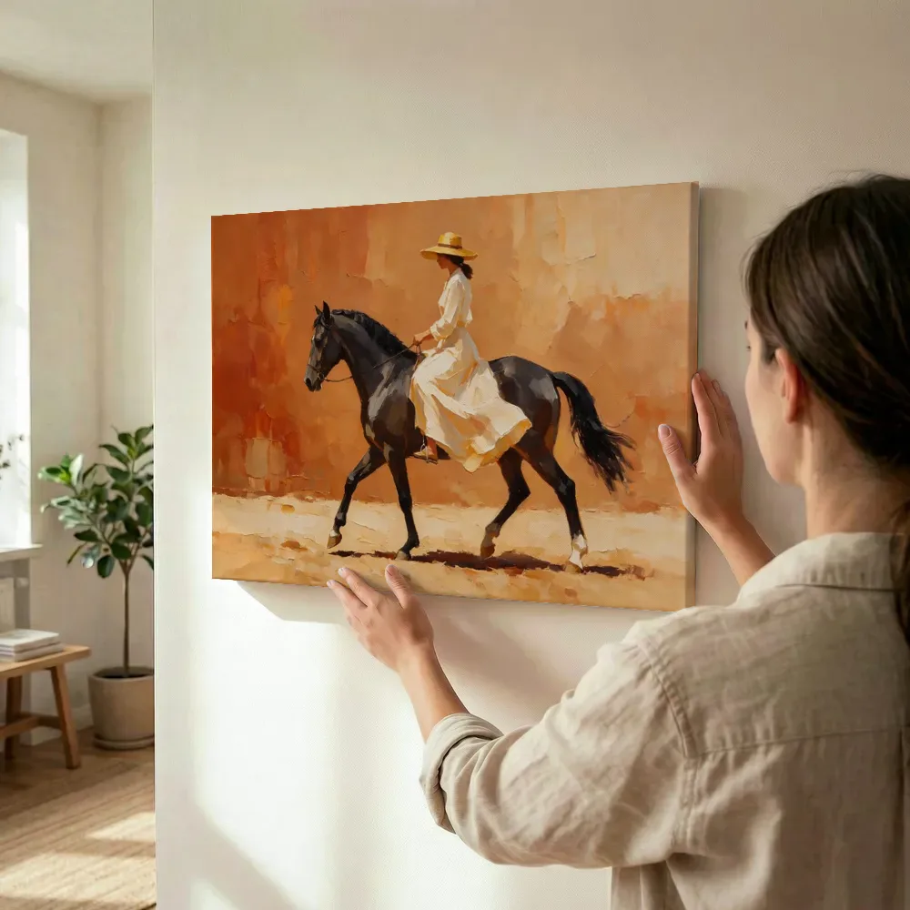Sfeerimpressie: Vrouw te paard, olieverf in donker terracotta terwijl het wordt opgehangen