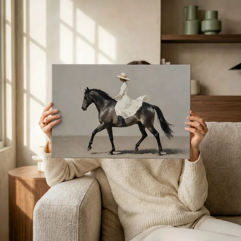 Sfeerimpressie: Vrouw te paard, olieverf in houtskool terwijl het omhoog wordt gehouden