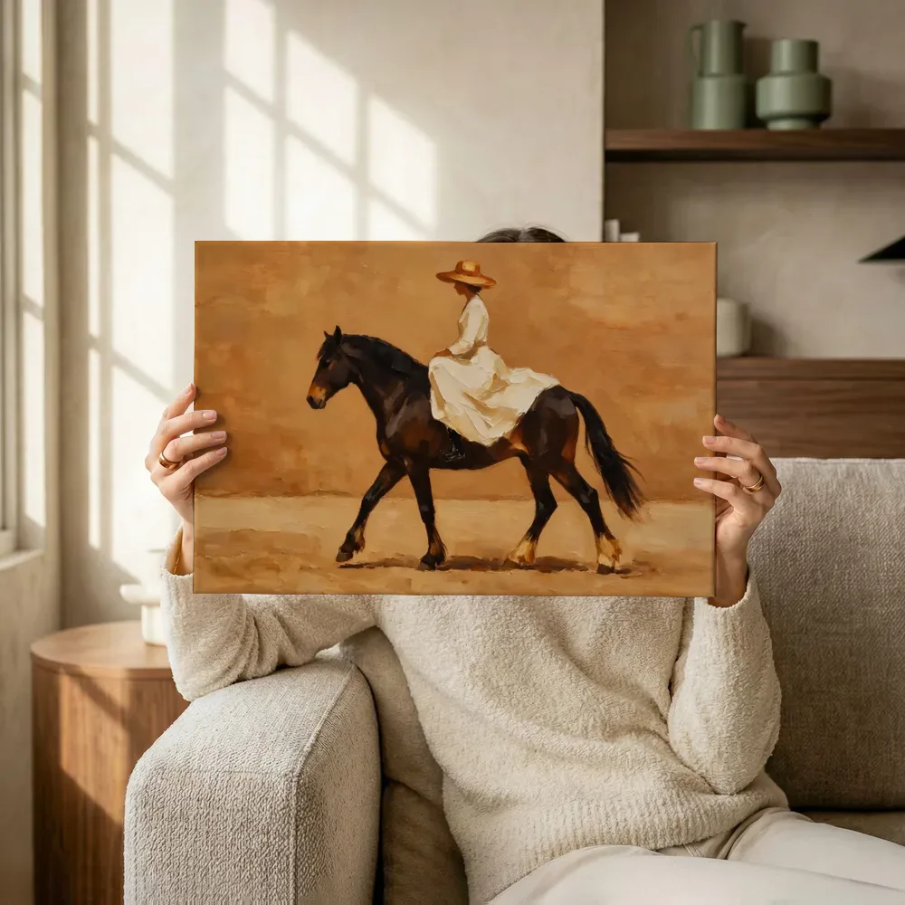 Sfeerimpressie: Vrouw te paard, olieverf in kaneel en karamel terwijl het omhoog wordt gehouden