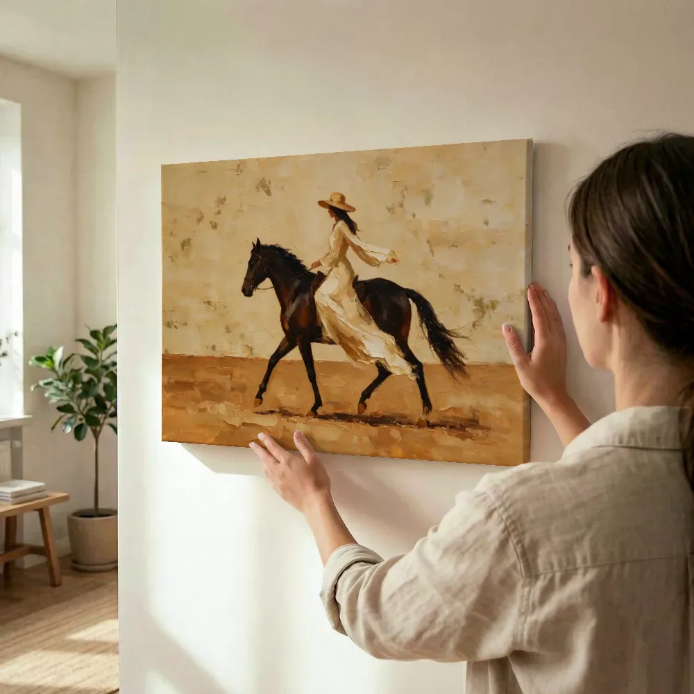 Sfeerimpressie: Vrouw te paard, olieverf in karamel terwijl het wordt opgehangen
