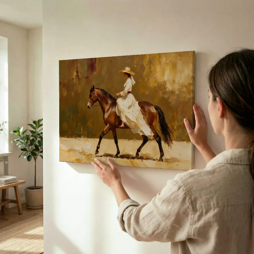 Sfeerimpressie: Vrouw te paard, olieverf in kastanje en goud terwijl het wordt opgehangen