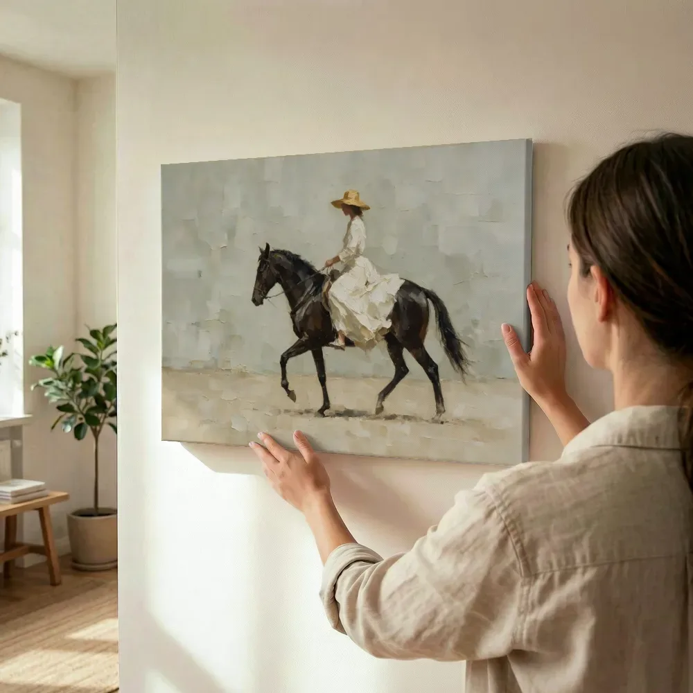 Sfeerimpressie: Vrouw te paard, olieverf in mist terwijl het wordt opgehangen