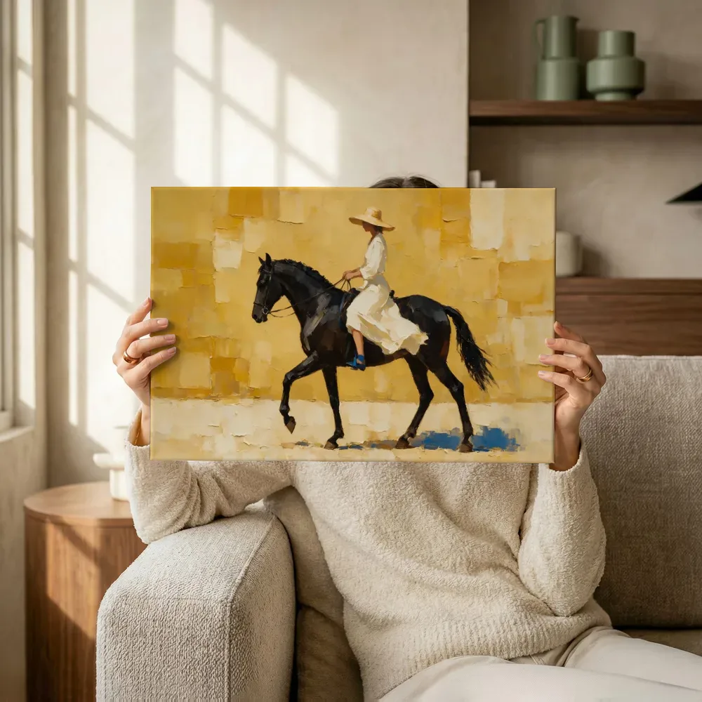 Sfeerimpressie: Vrouw te paard, olieverf in mosterd en kobalt terwijl het omhoog wordt gehouden