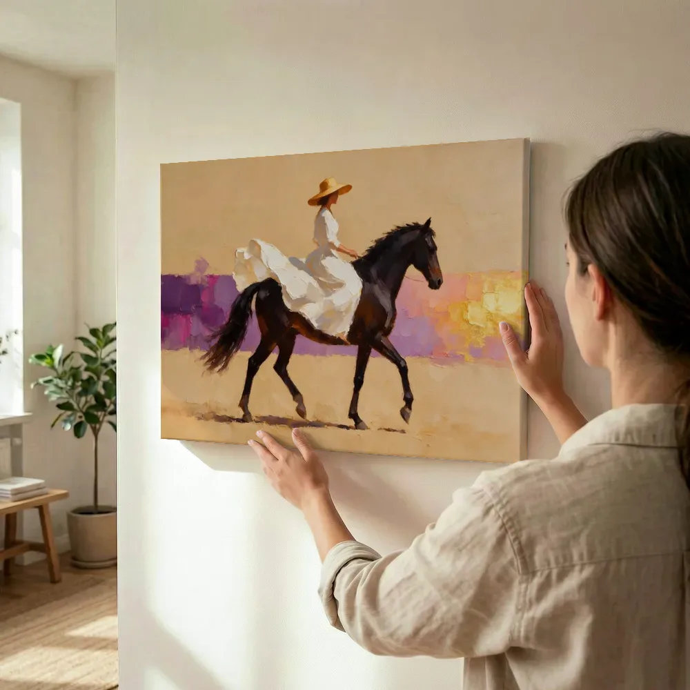 Sfeerimpressie: Vrouw te paard, olieverf in paars en goud terwijl het wordt opgehangen