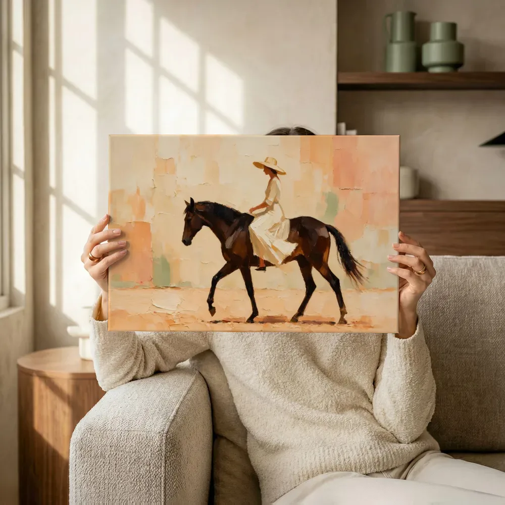 Sfeerimpressie: Vrouw te paard, olieverf in perzik en abrikoos terwijl het omhoog wordt gehouden