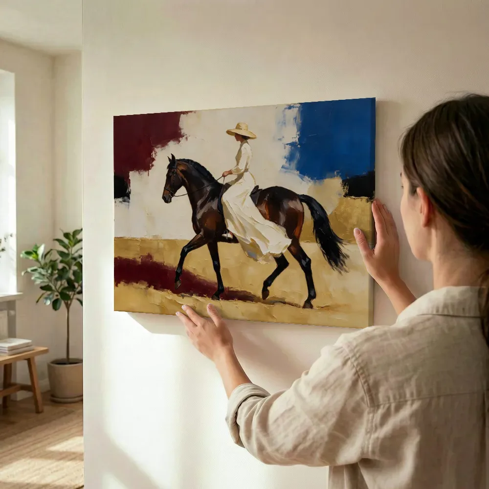 Sfeerimpressie: Vrouw te paard, olieverf in royal blauw terwijl het wordt opgehangen