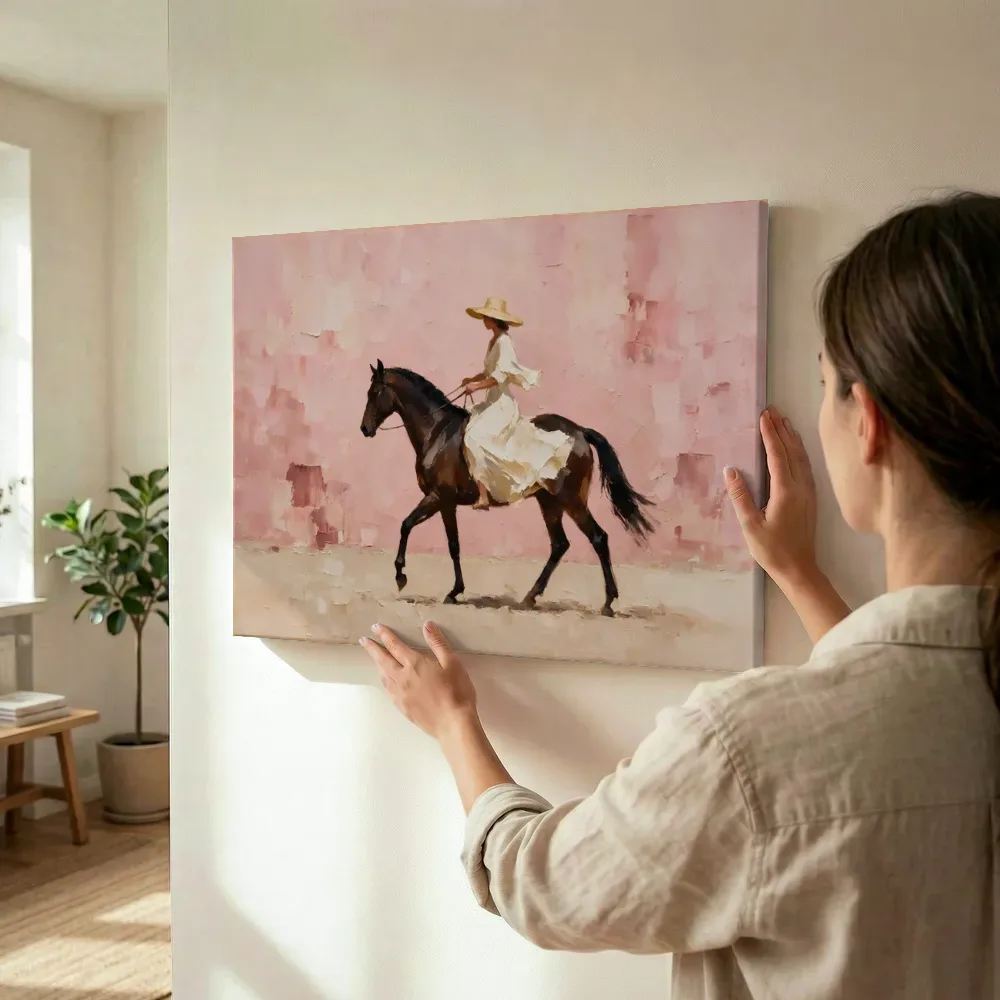 Sfeerimpressie: Vrouw te paard, olieverf in stoffig roze terwijl het wordt opgehangen