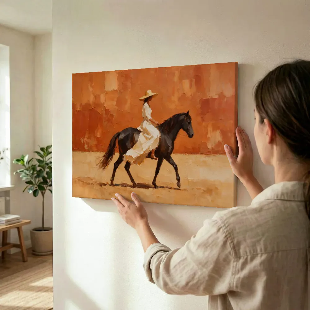 Sfeerimpressie: Vrouw te paard, olieverf in terracotta terwijl het wordt opgehangen