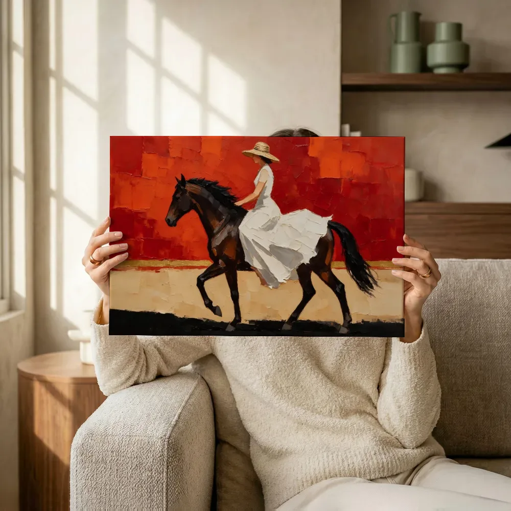 Sfeerimpressie: Vrouw te paard, olieverf in vuurrood terwijl het omhoog wordt gehouden
