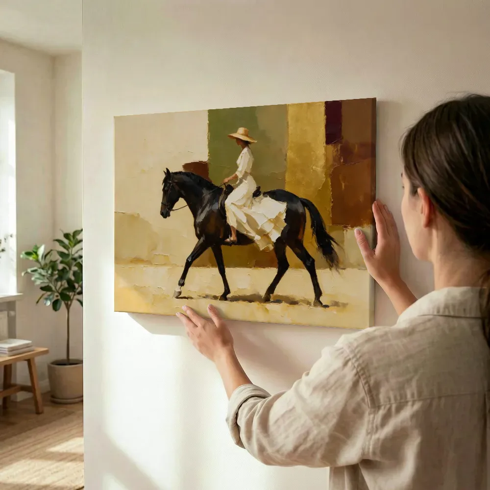 Sfeerimpressie: Vrouw te paard, olieverf in warm kastanje en goud terwijl het wordt opgehangen