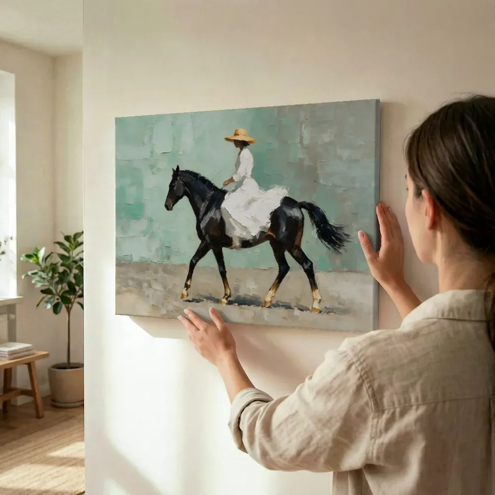 Sfeerimpressie: Vrouw te paard, olieverf in zeegroen terwijl het wordt opgehangen