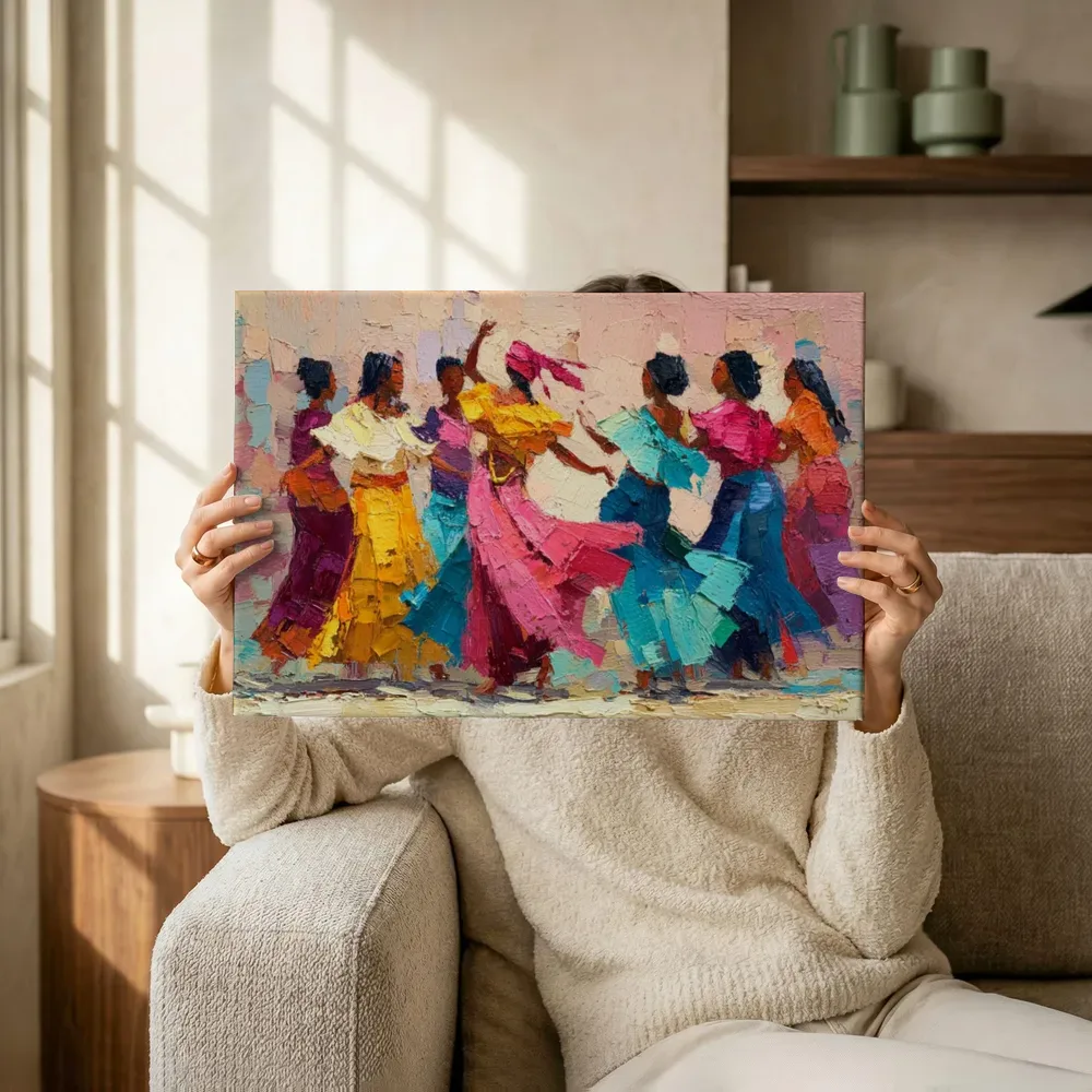 Sfeerimpressie: Vrouwen dansen in felle kleuren terwijl het omhoog wordt gehouden