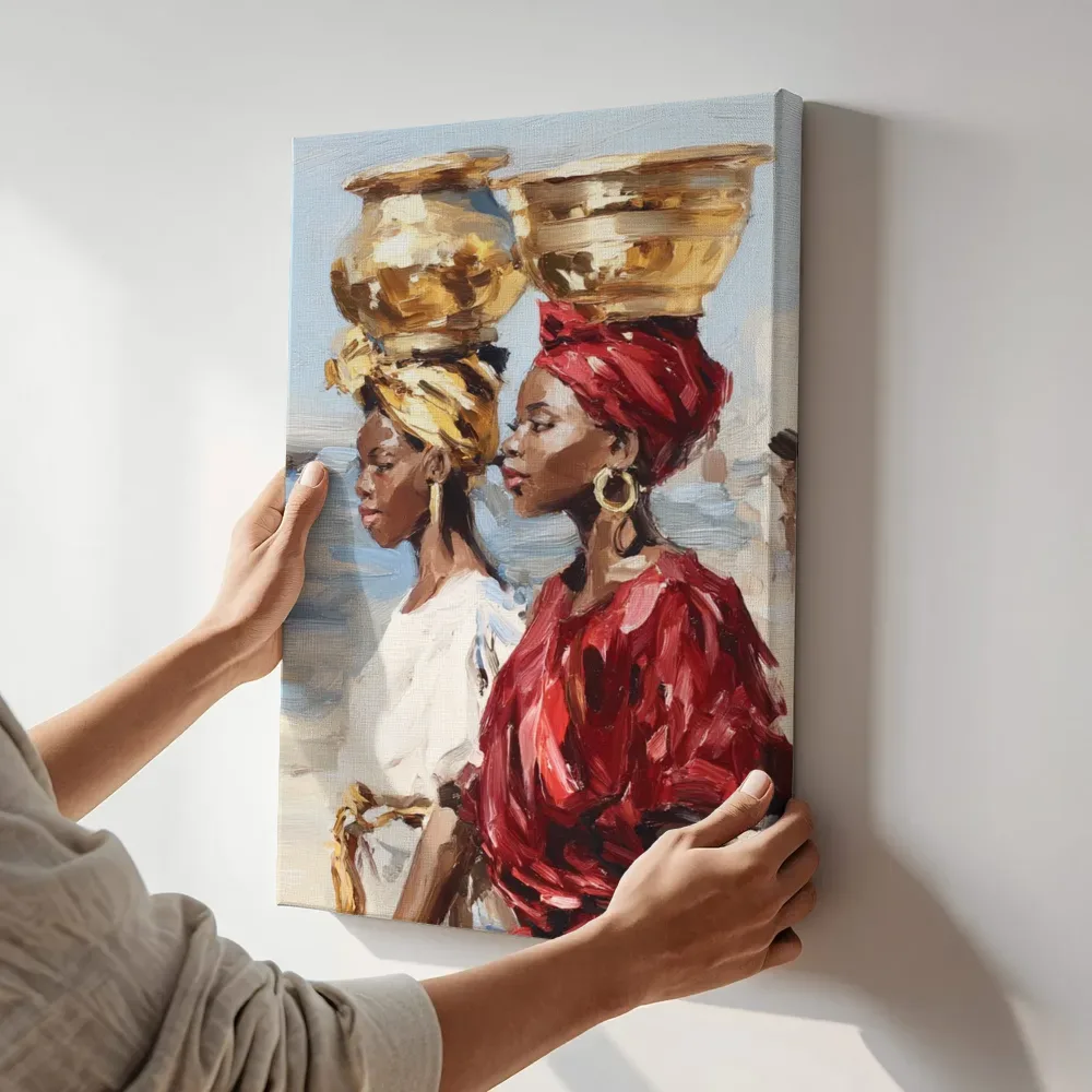 Sfeerimpressie: Vrouwen met kruiken op het hoofd terwijl het aan de muur wordt gehangen