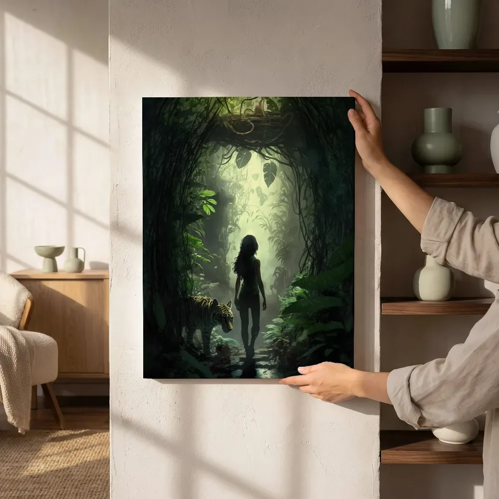 Sfeerimpressie: Vrouwensilhouet in de jungle terwijl het aan de muur wordt gehangen