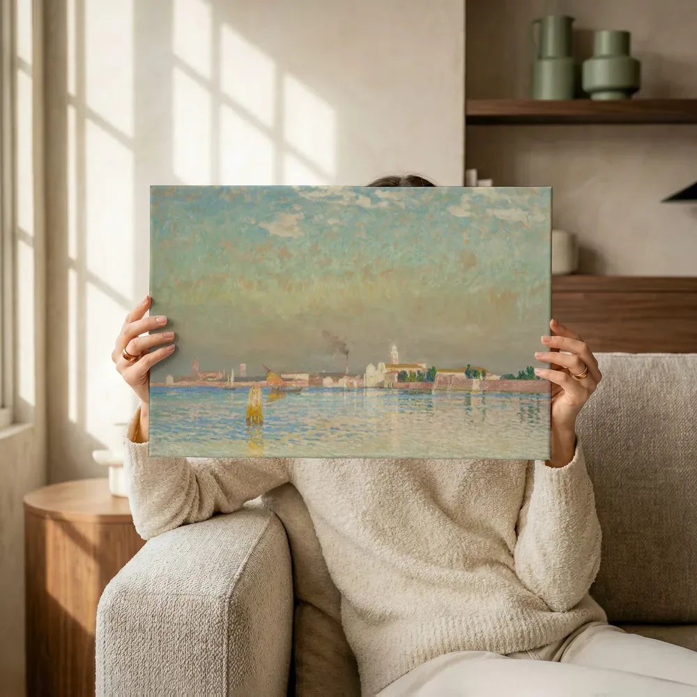 Sfeerimpressie: Gezicht op Murano, Venetië van Emile Claus terwijl het omhoog wordt gehouden