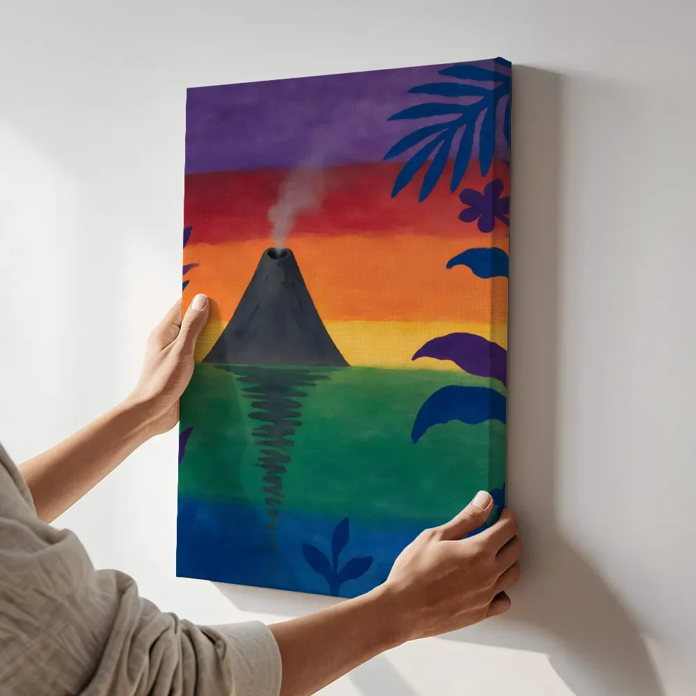 Sfeerimpressie: Vulkaan in alle kleuren van de regenboog terwijl het aan de muur wordt gehangen