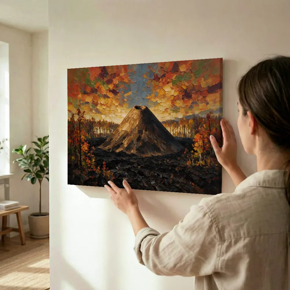 Sfeerimpressie: Vulkaan helder in het volle beeld tussen de bomen terwijl het omhoog wordt gehouden