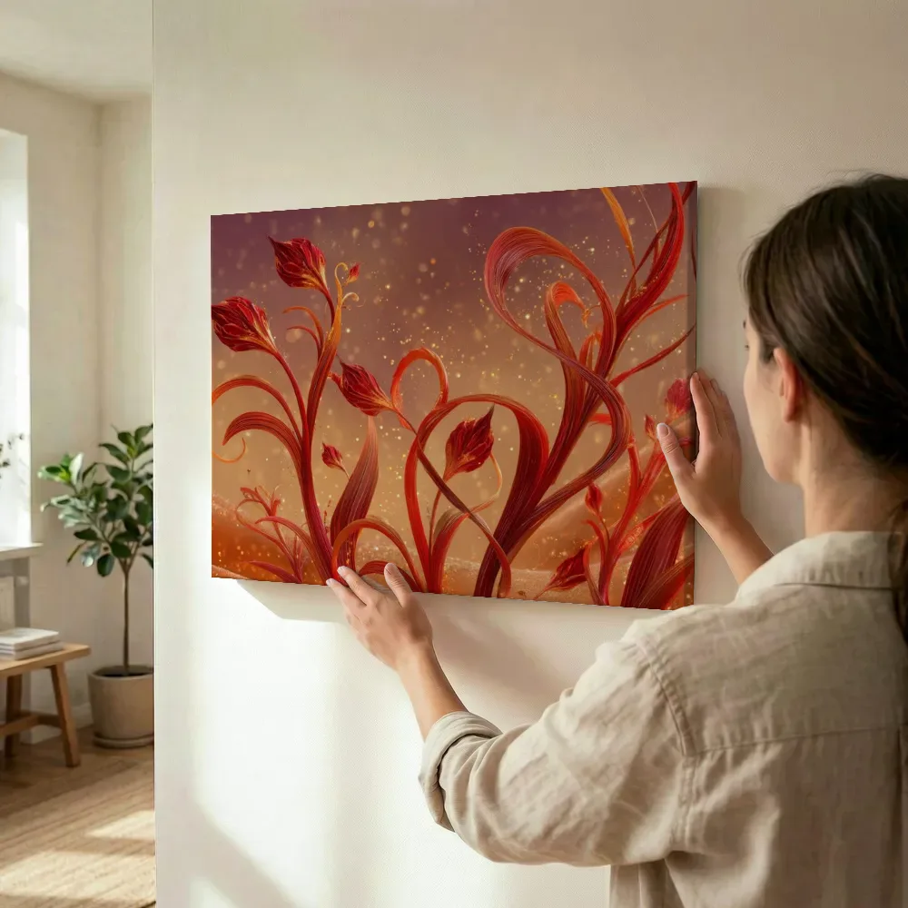 Sfeerimpressie: Vurige abstracte bloemranken terwijl het wordt opgehangen