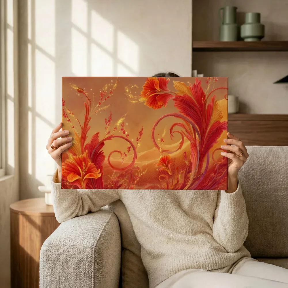 Sfeerimpressie: Vurige bloemenranken in rood en oranje terwijl het wordt opgehangen