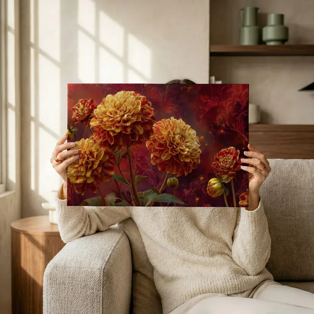 Sfeerimpressie: Vurige dahlia's in betoverd rood terwijl het omhoog wordt gehouden