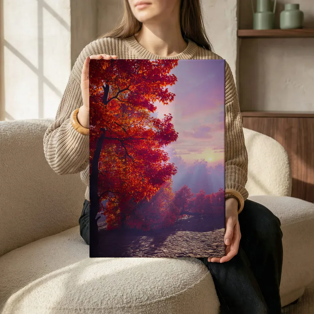Sfeerimpressie: Vurige herfstboom bij zonsondergang terwijl het zittend wordt getoond