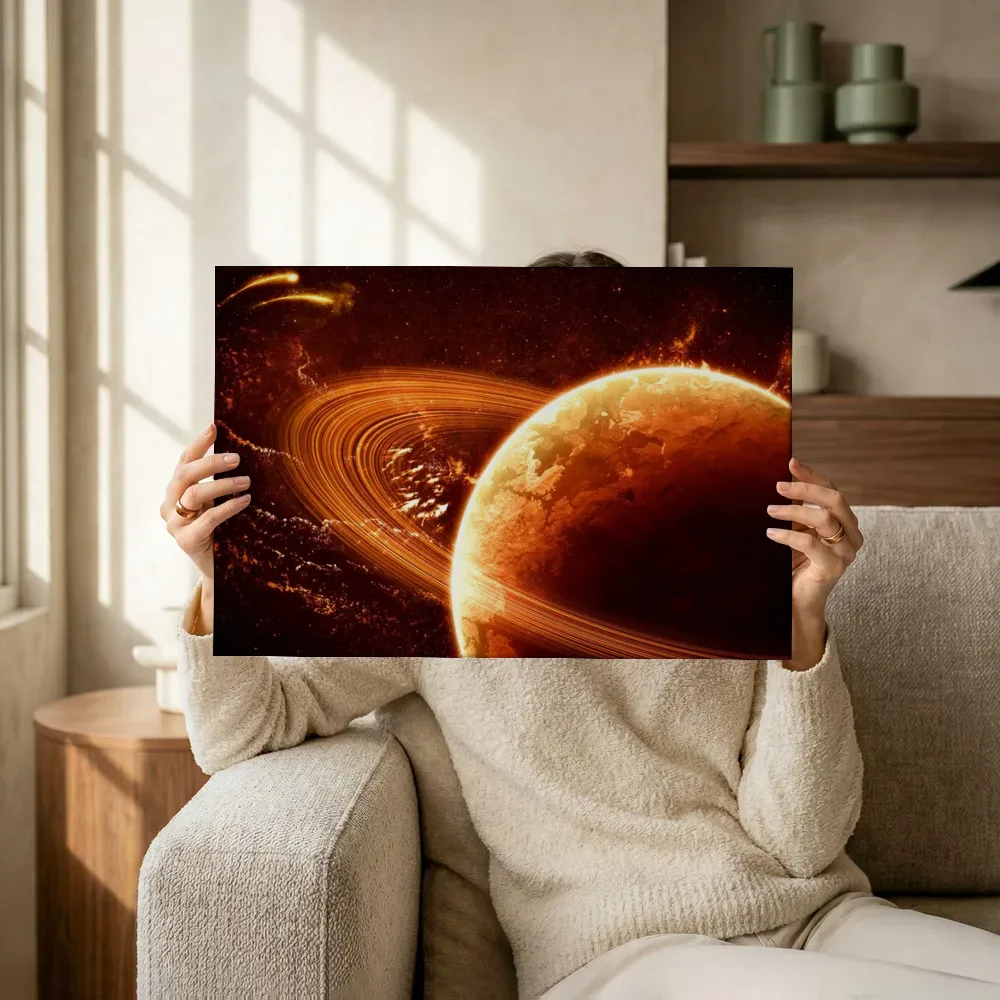 Sfeerimpressie: Vurige oranje ringplaneet terwijl het omhoog wordt gehouden