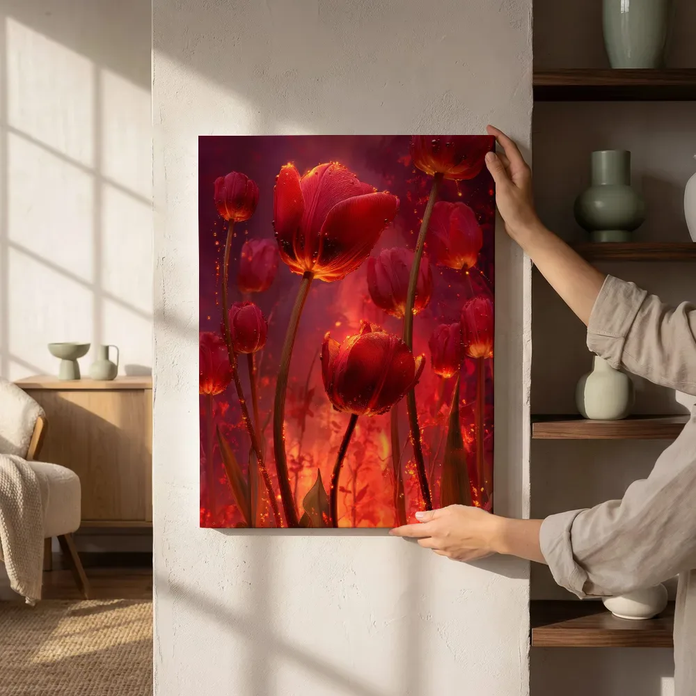 Sfeerimpressie: Tulpen in vlammend avondlicht naast de kast
