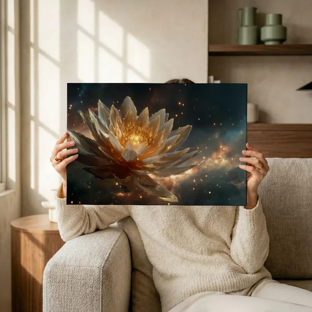 Sfeerimpressie: Vuurgloed lotus in de kosmische nevel terwijl het omhoog wordt gehouden