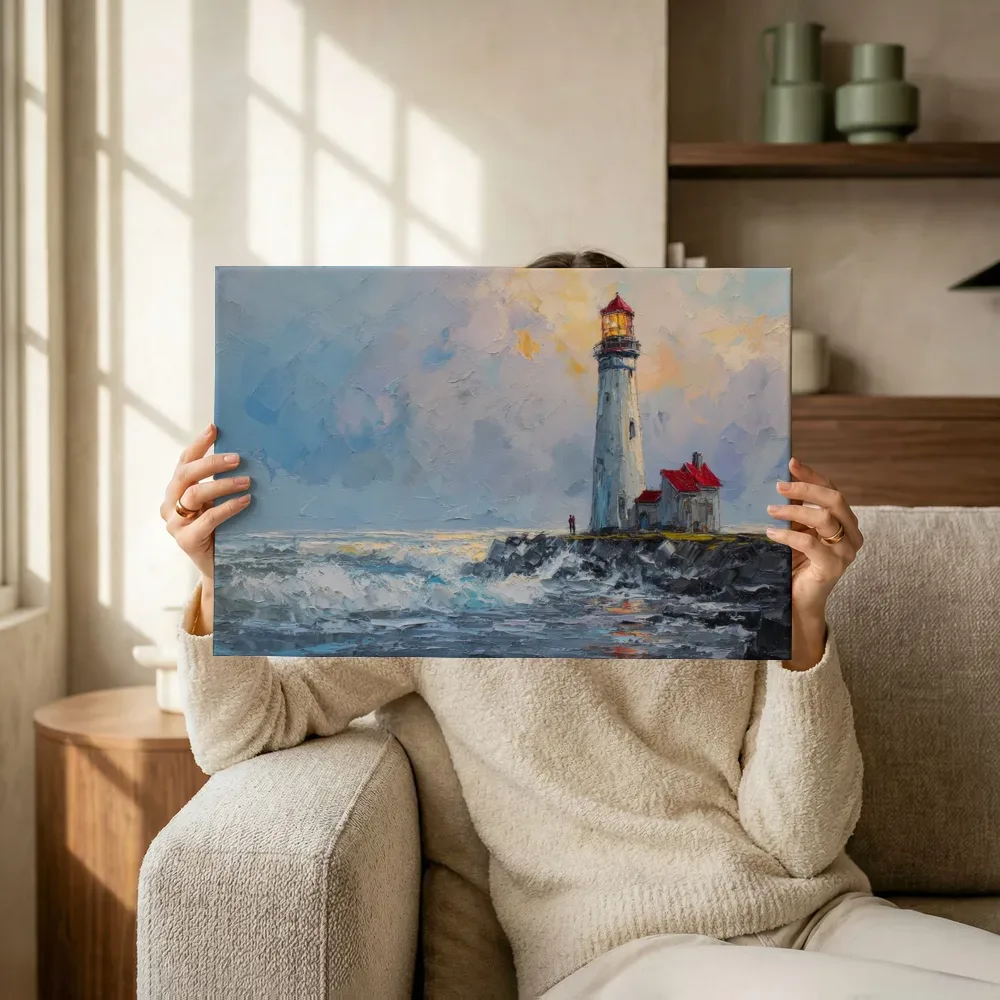 Sfeerimpressie: Vuurtoren aan de kust in pasteltinten terwijl het wordt opgehangen