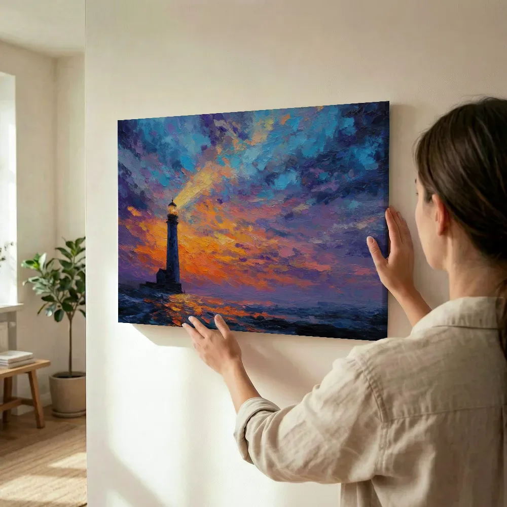 Sfeerimpressie: Vuurtoren in kleurrijke zonsondergang terwijl het wordt opgehangen