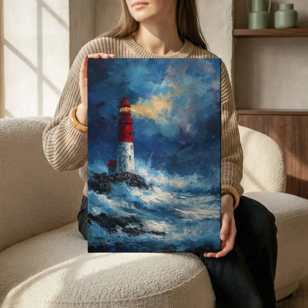 Sfeerimpressie: Vuurtoren in marineblauwe nachtstorm terwijl het zittend wordt getoond