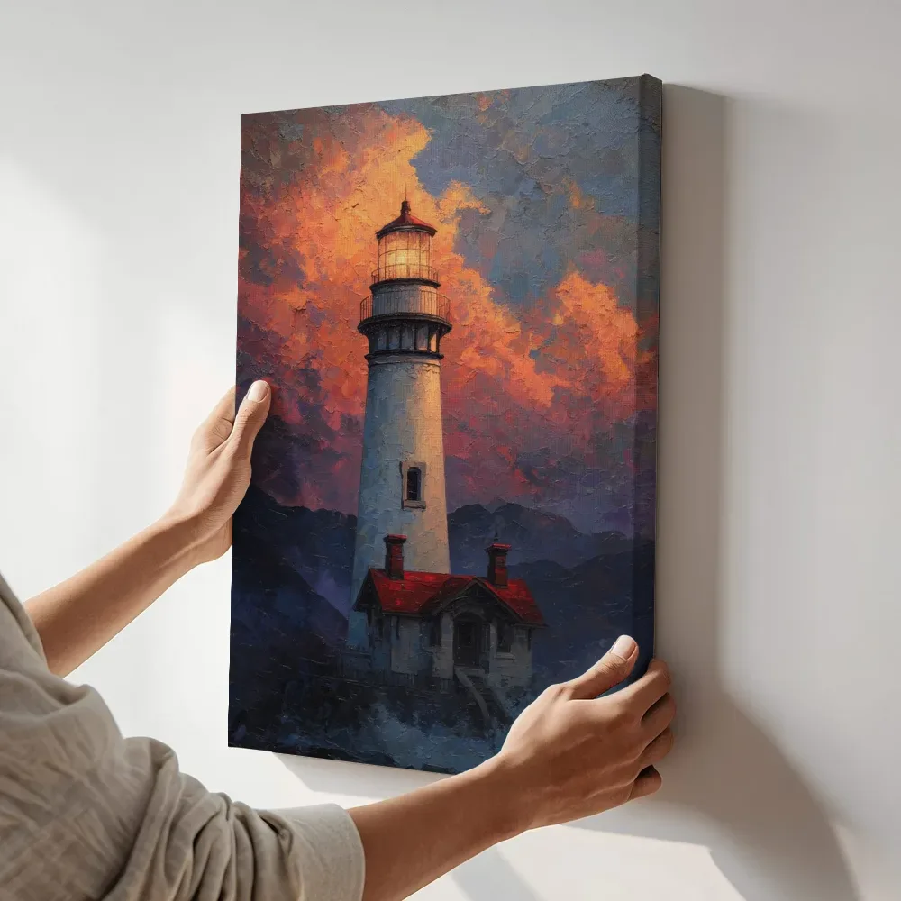Sfeerimpressie: Vuurtoren in vurige wolkexplosie bij bergen terwijl het aan de muur wordt gehangen