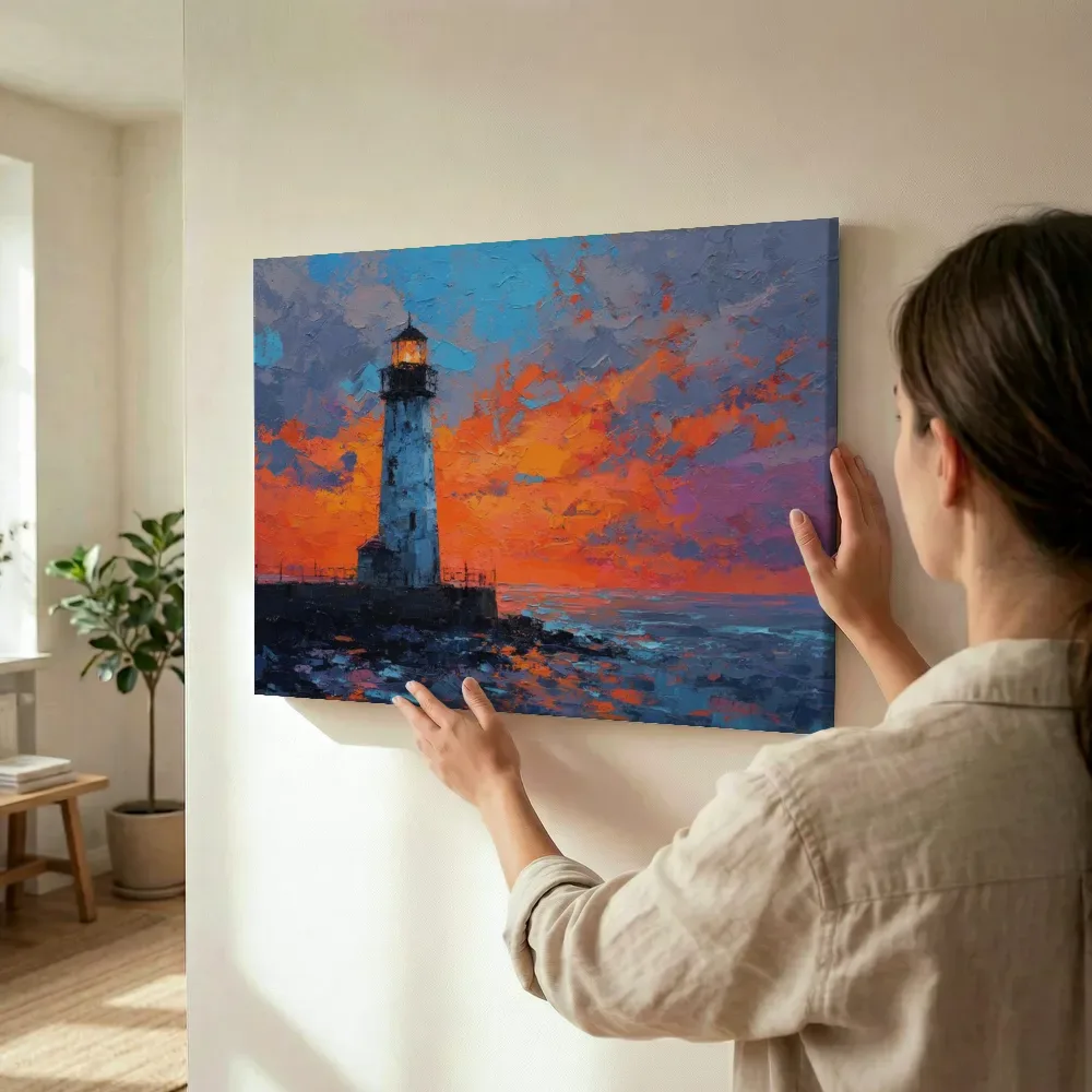 Sfeerimpressie: Vuurtoren in vurige zonsondergang terwijl het wordt opgehangen