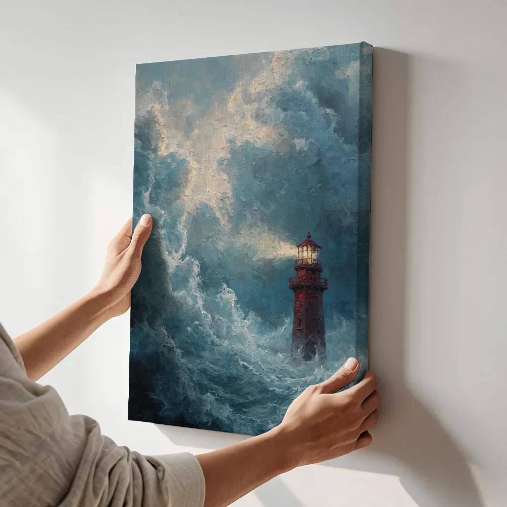 Sfeerimpressie: Vuurtoren lamp in goudgeel licht terwijl het aan de muur wordt gehangen