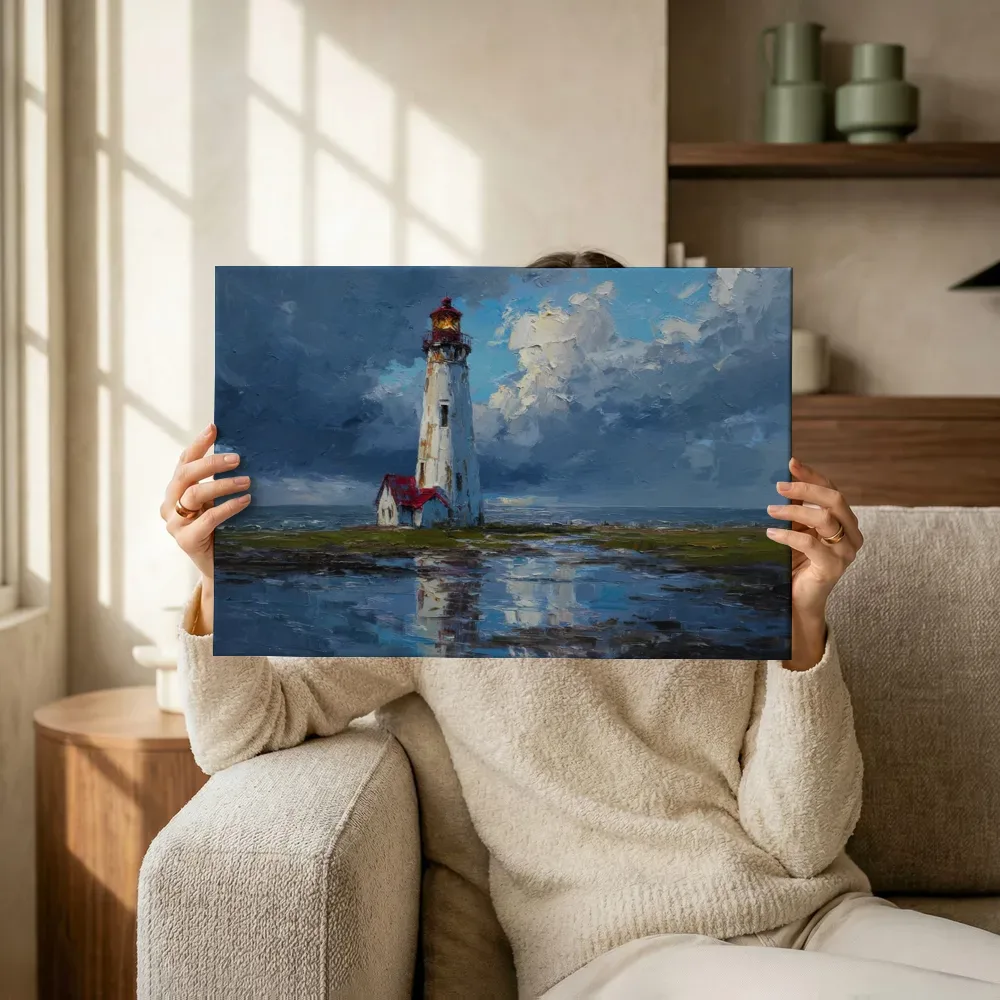 Sfeerimpressie: Vuurtoren met spiegeling in grasland terwijl het omhoog wordt gehouden