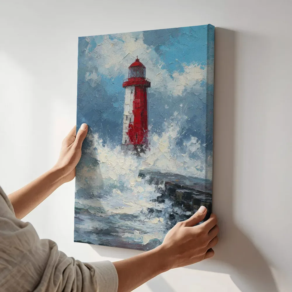 Sfeerimpressie: Vuurtoren overspoeld door woeste golf terwijl het aan de muur wordt gehangen