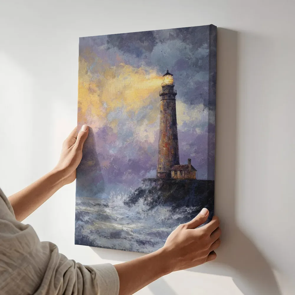 Sfeerimpressie: Vuurtoren in de storm terwijl het aan de muur wordt gehangen