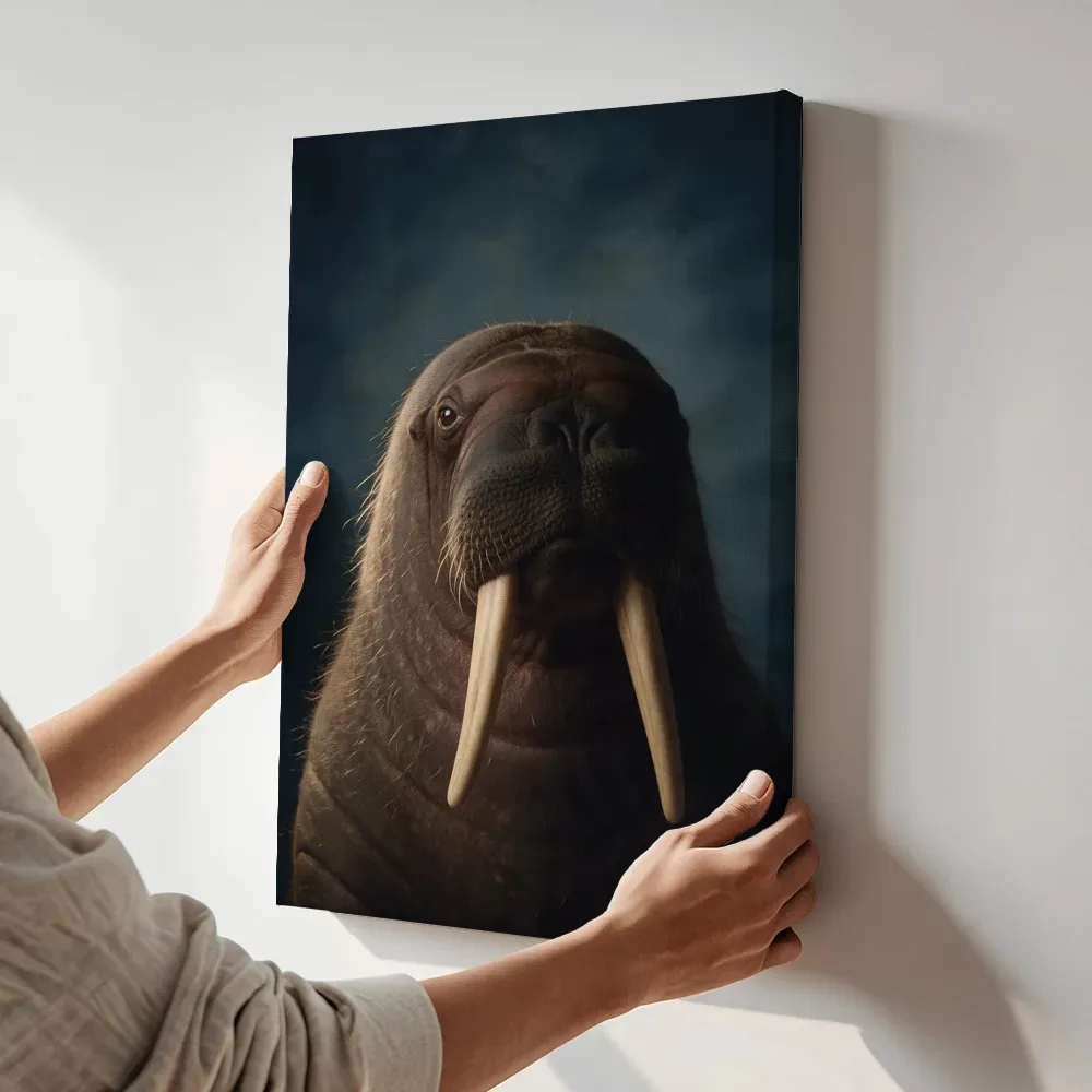 Sfeerimpressie: Walrus van voren in inktblauw terwijl het aan de muur wordt gehangen