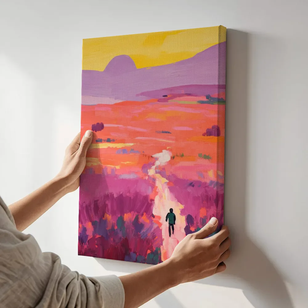 Sfeerimpressie: Wandelaar in de zonsondergangvallei terwijl het aan de muur wordt gehangen