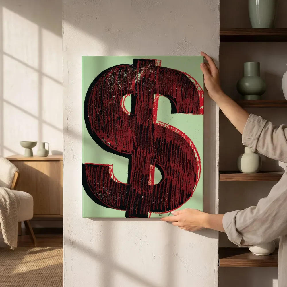 Sfeerimpressie: Warhol-stijl dollarteken op mintgroen naast de kast