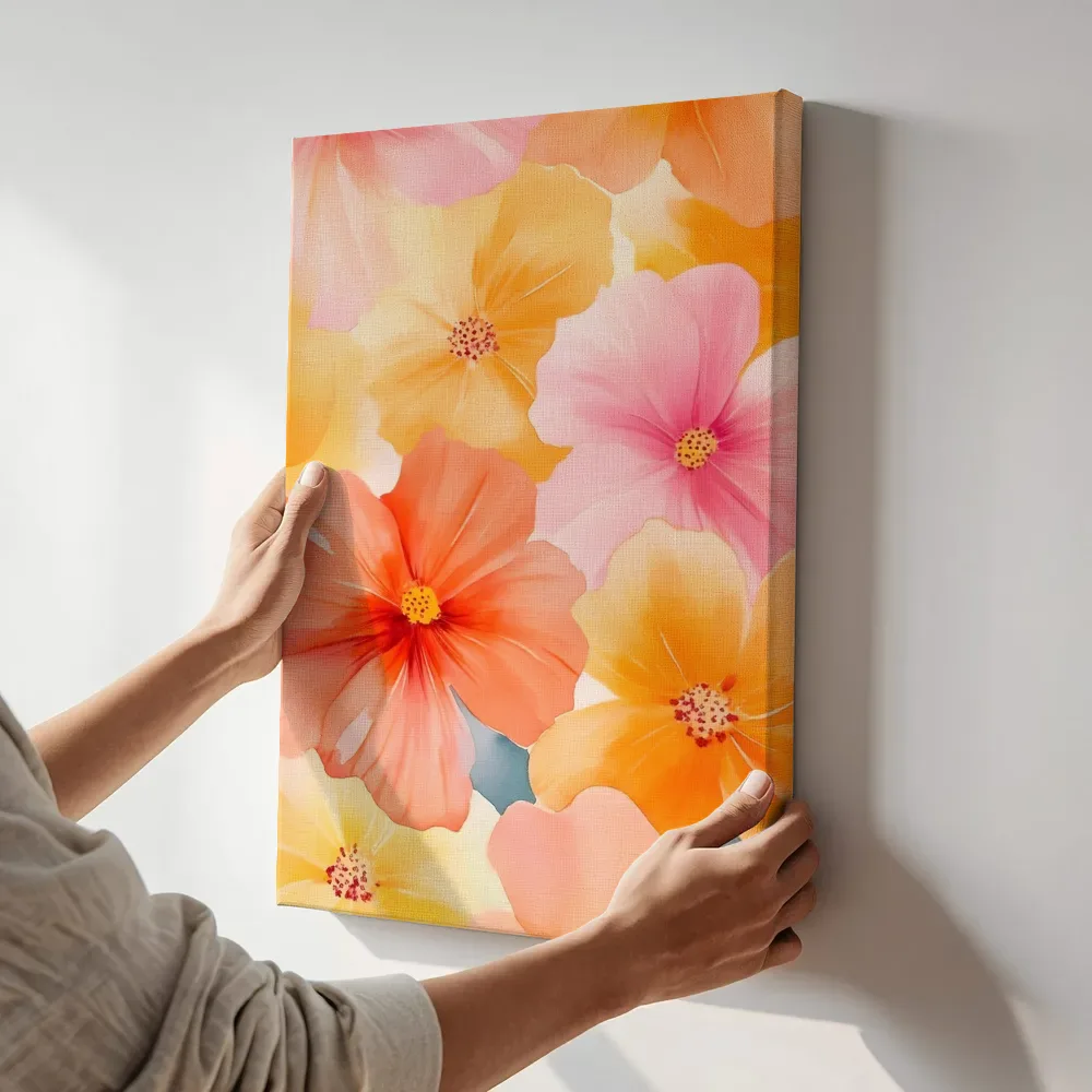 Sfeerimpressie: Warme oranje cosmos bloementapijt terwijl het aan de muur wordt gehangen