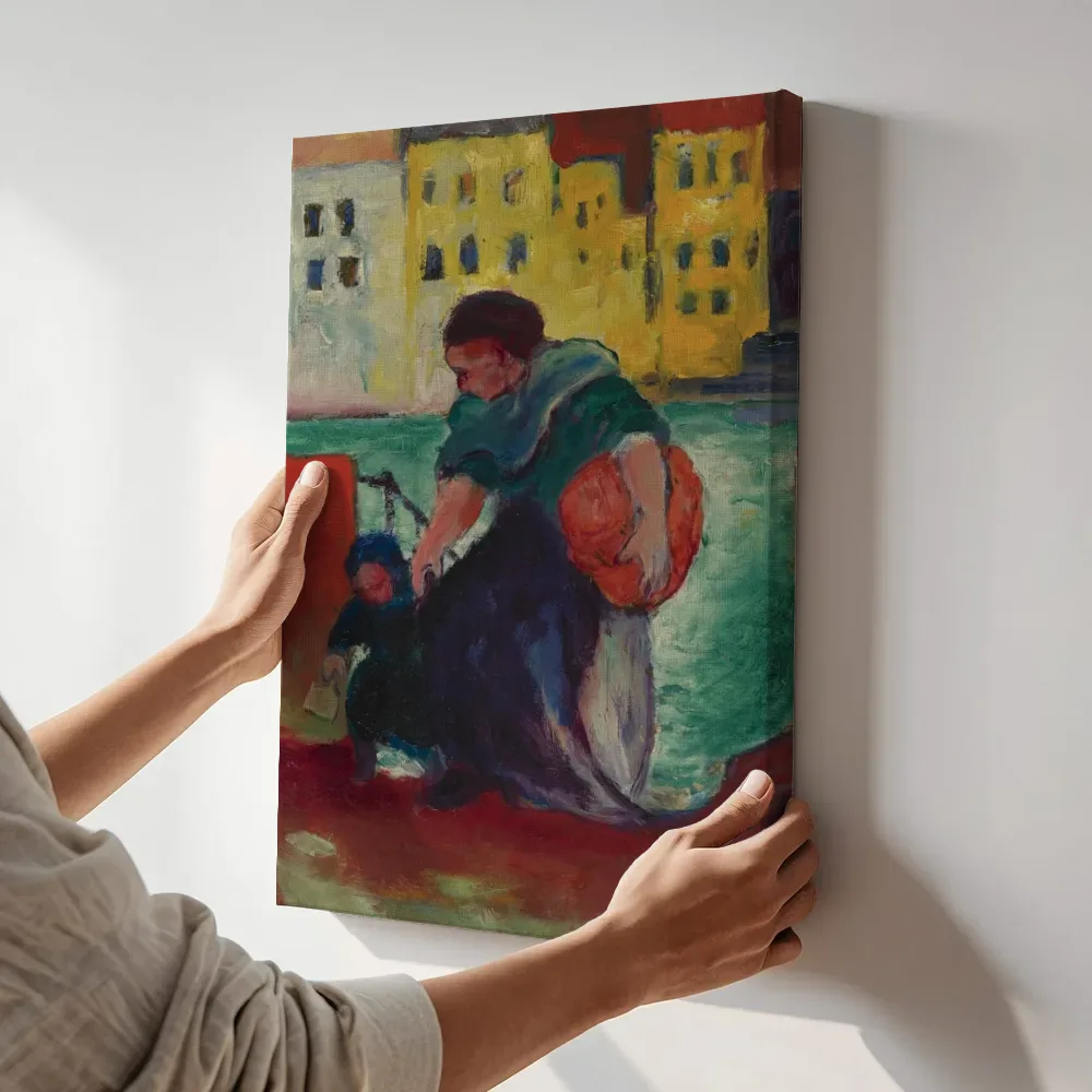 Sfeerimpressie: Wasvrouw met kind van Franz Marc terwijl het aan de muur wordt gehangen