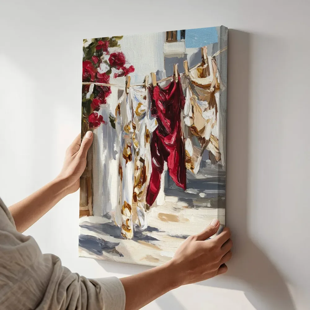 Sfeerimpressie: Waslijn met rode jurk terwijl het aan de muur wordt gehangen