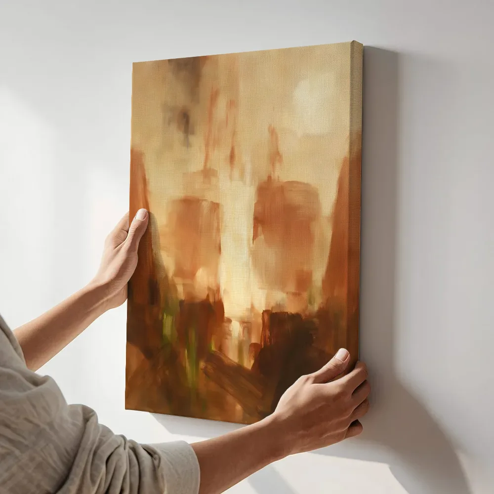 Sfeerimpressie: Wassing in drie lagen aardetinten terwijl het aan de muur wordt gehangen