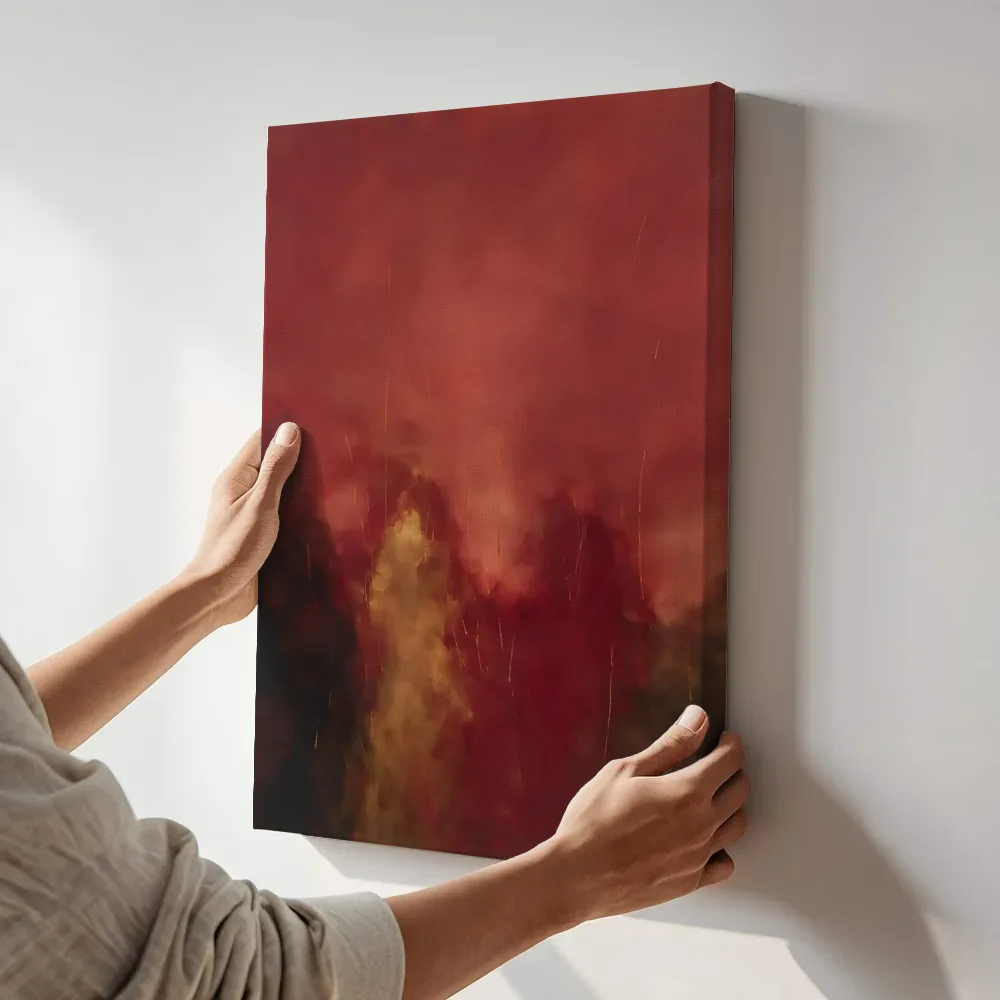 Sfeerimpressie: Wassing laag in beeld in bordeaux en brons terwijl het aan de muur wordt gehangen