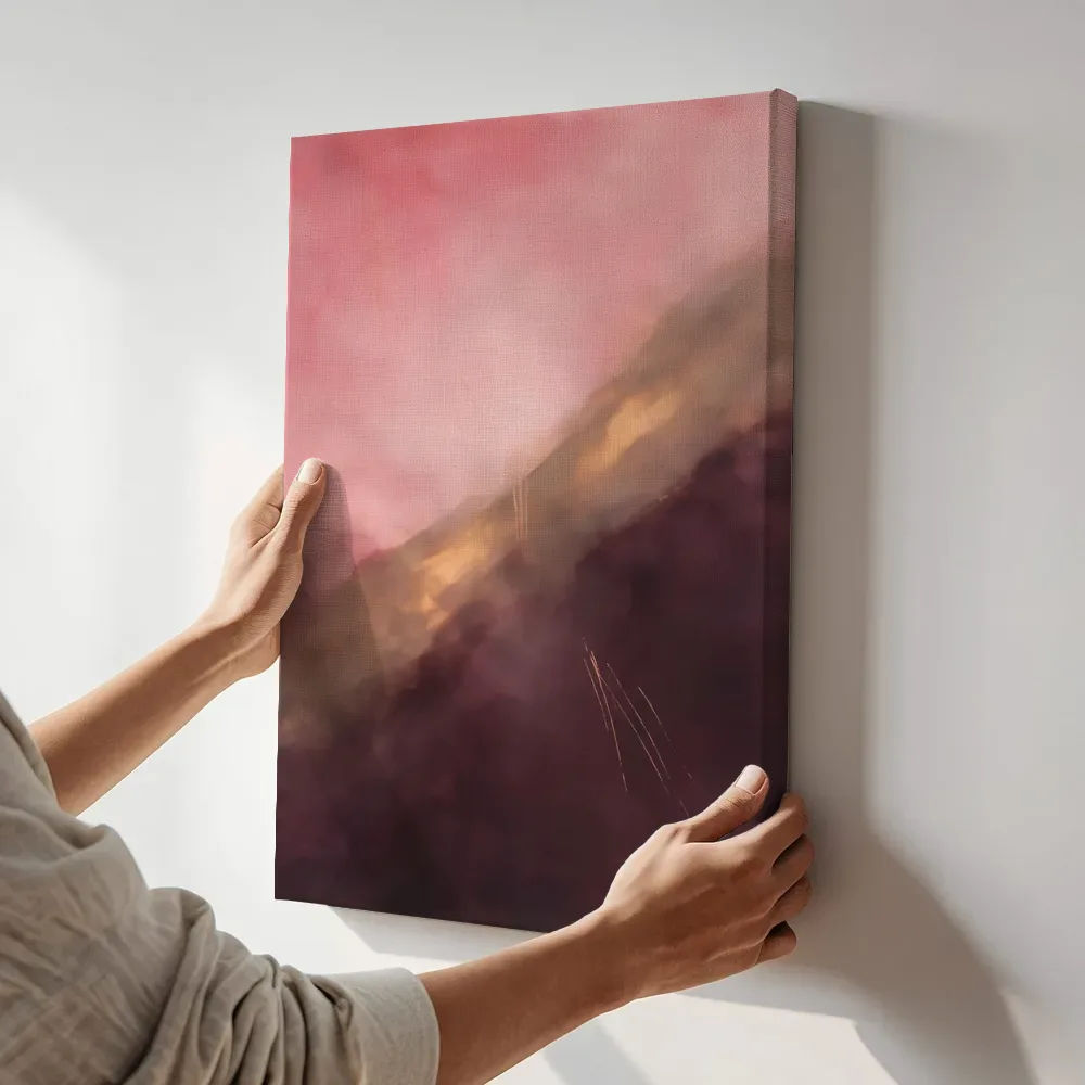 Sfeerimpressie: Wassing op de diagonaal in roze en aubergine terwijl het aan de muur wordt gehangen