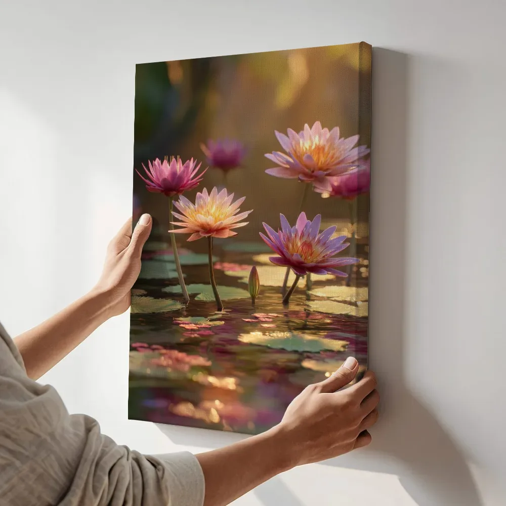 Sfeerimpressie: Waterlelies bij gouden zonsopgang terwijl het aan de muur wordt gehangen