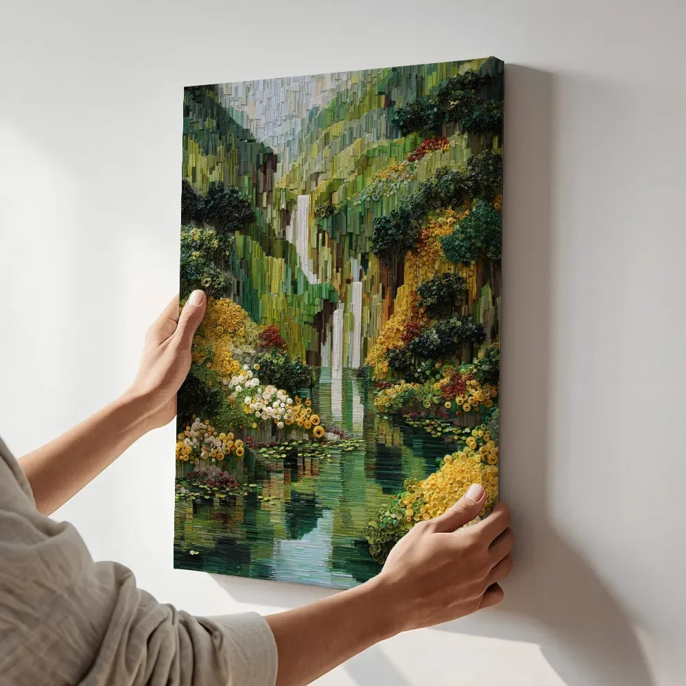 Sfeerimpressie: Waterval in bloeiende kloof terwijl het aan de muur wordt gehangen