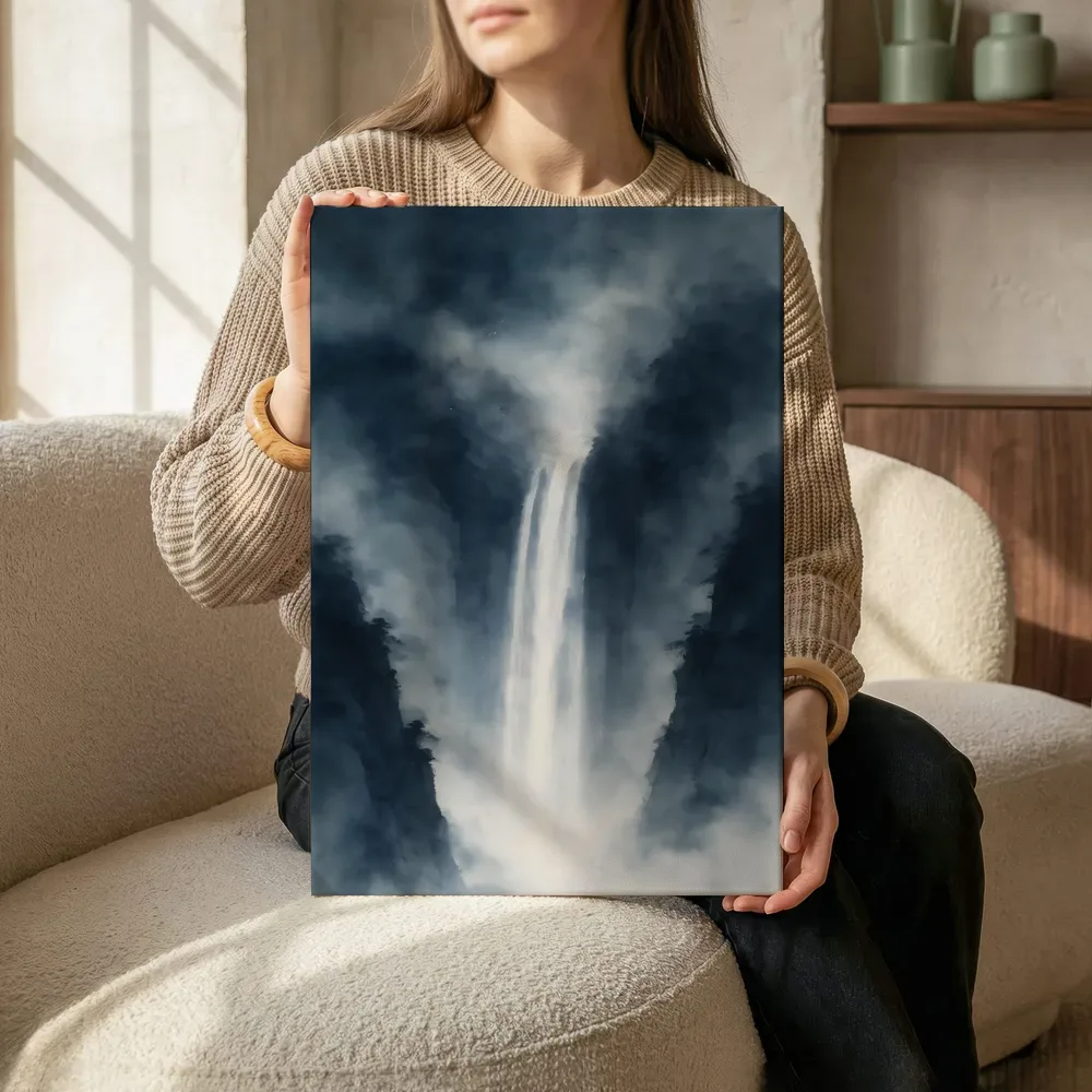 Sfeerimpressie: Waterval in de mist in inktzwart terwijl het zittend wordt getoond