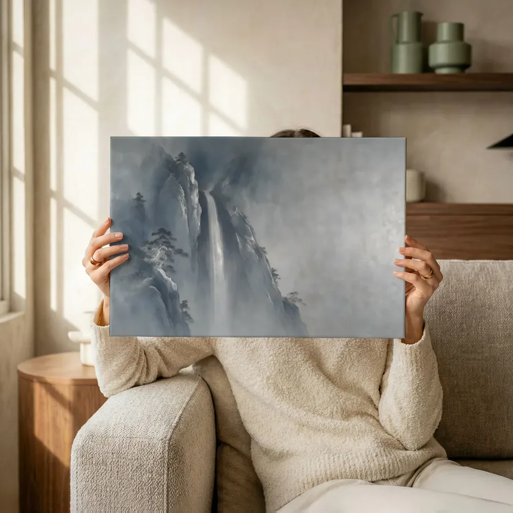 Sfeerimpressie: Waterval in de mist in verweerd zilver terwijl het omhoog wordt gehouden